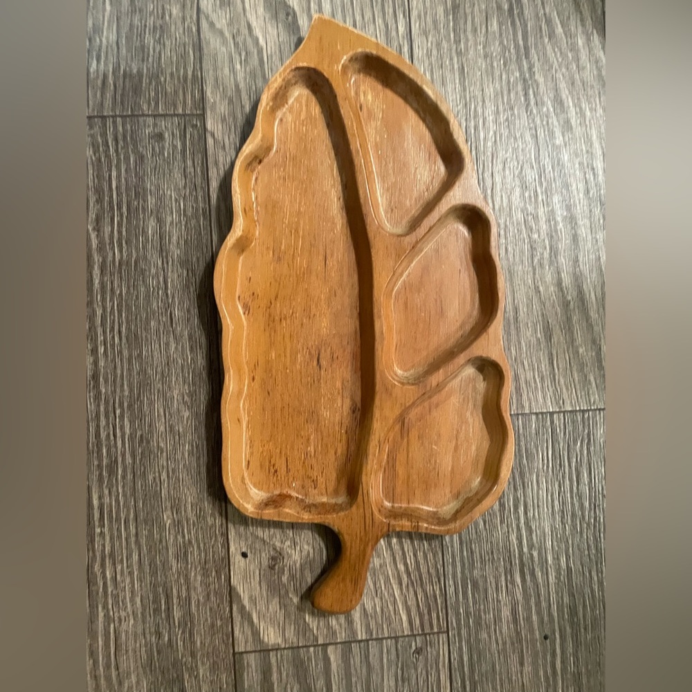 VINTAGE Carved Sweet Pecan Wood Tray by Overton Michigan USA Appetizers Nuts MCM